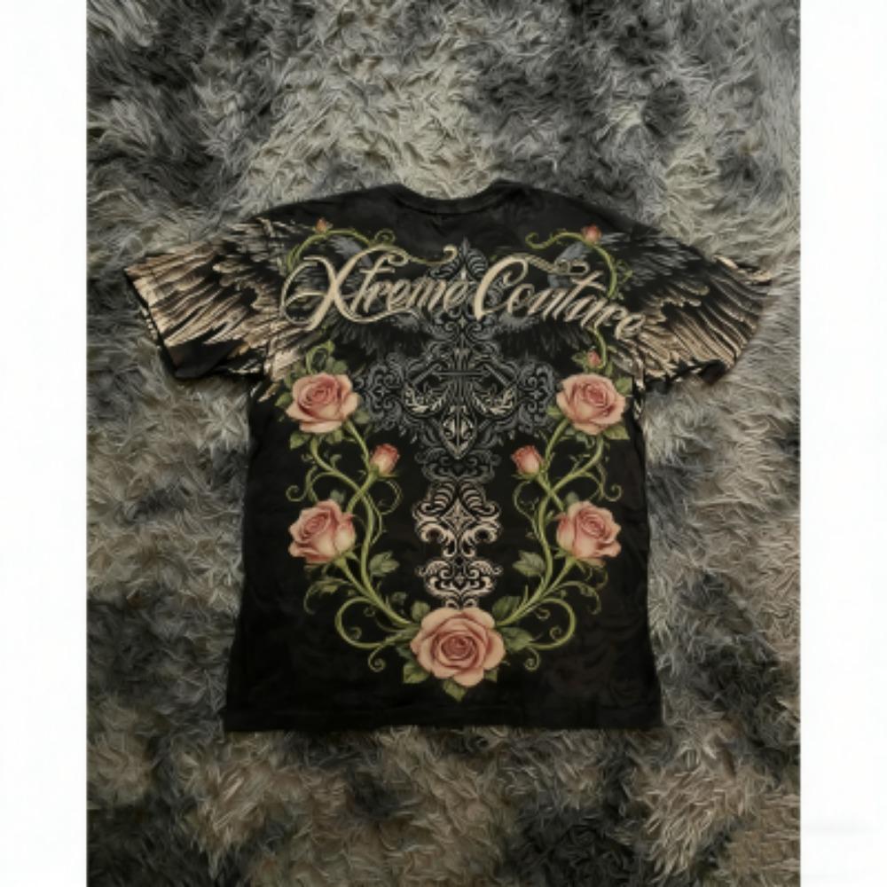 Summer Men's T-shirt Gothic Rose Cross Wing Print Tees Round Neck T-shirt Outdoor Street Style Top Casual Women's Clothing