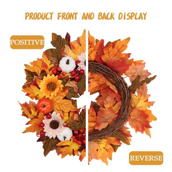 Autumn Wreath Faux White Pumpkin Maple Leaf Pine Cone Berry Wreath Handmade Farmhouse Wreath Fall Decoration for Home Thanksgiving Harvest Outdoor