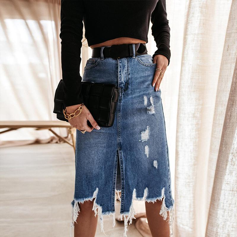 Летняя женская джинсовая юбка, темперамент, юбка средней длины с нерегулярными отверстиями и кисточками