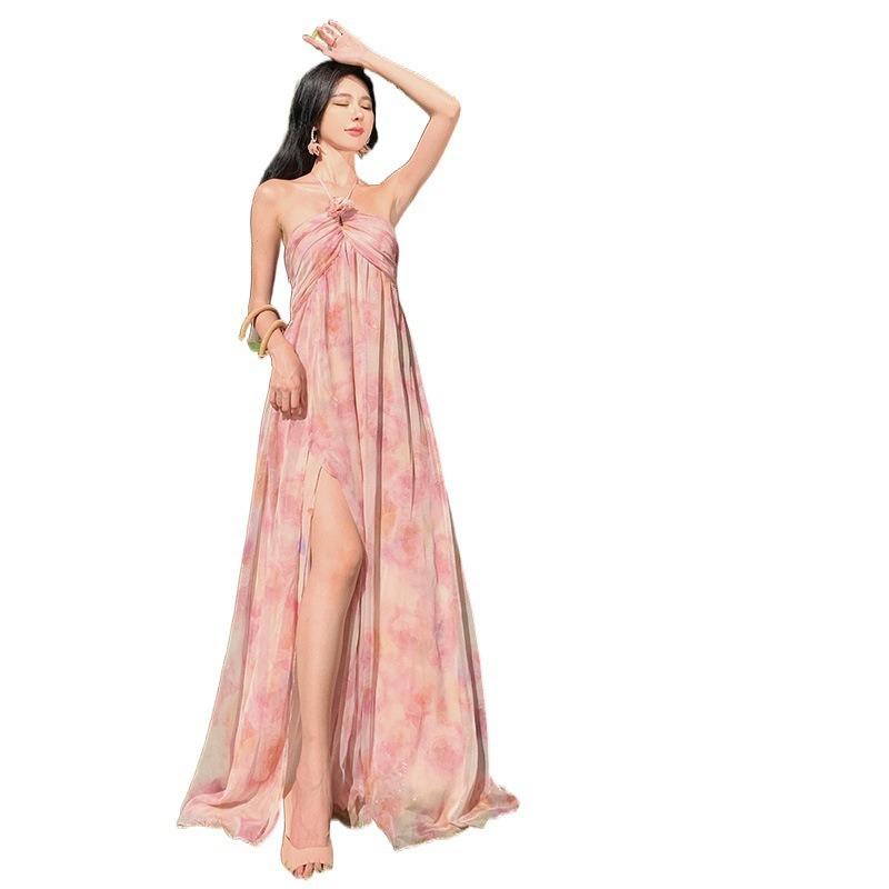 Высококачественное легкое роскошное трехмерное платье с цветочным принтом и вырезом для женщин, летнее пляжное праздничное платье-комбинация