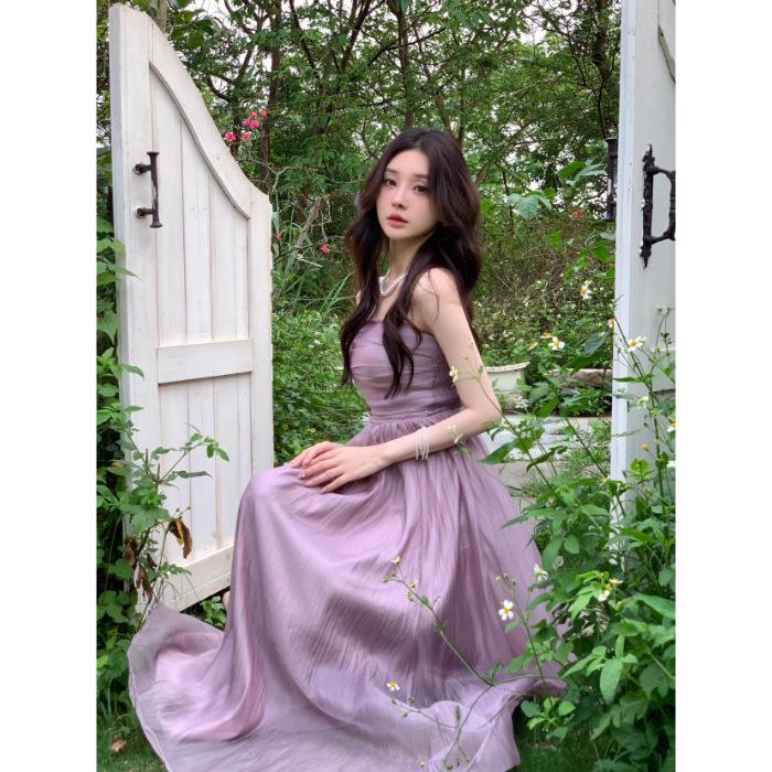 Фиолетовое платье с подтяжками: Женское летнее платье Fairy Style 2024 года, однотонное, утягивающее талию, длинное платье для отпуска