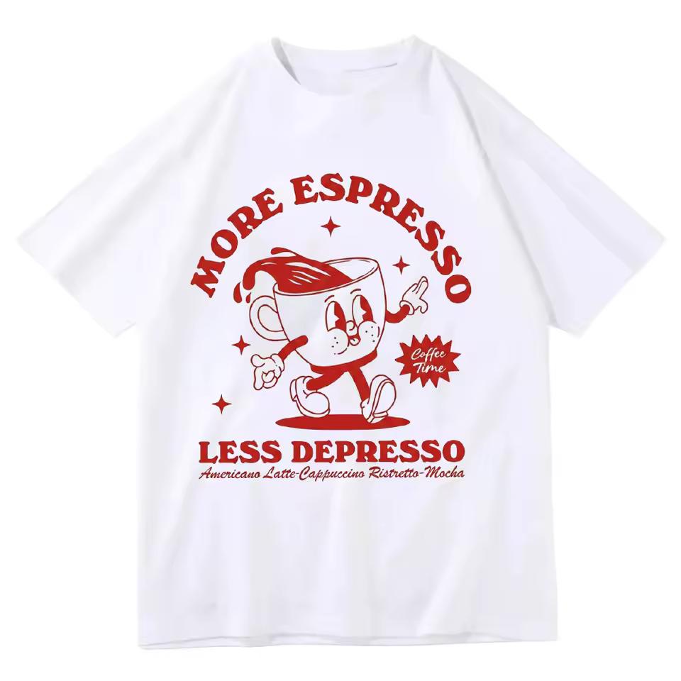 More Espresso Less Depresso T Shirt Funny Coffee Graphic Tee Vintage Cartoon Coffee Cup Top Retro Aesthetic Streetwear Unisex