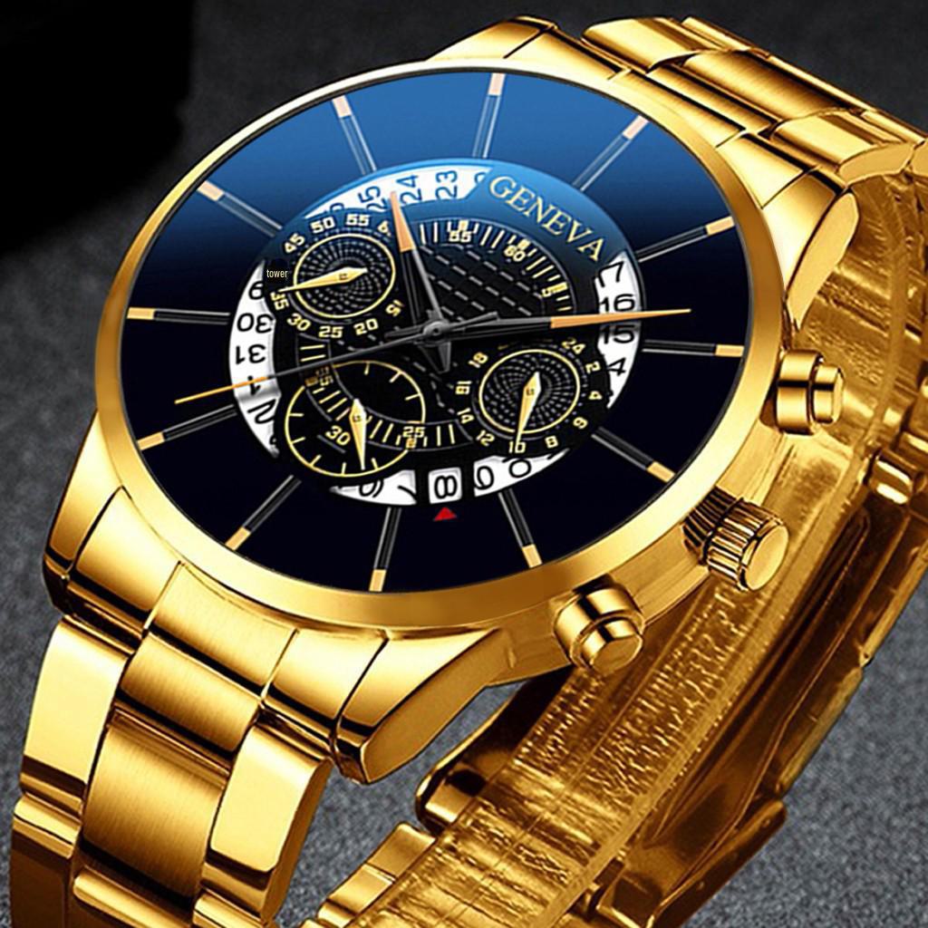 Cross-Border Trendy Men's Geneva Watch with Creative Calendar and Alloy Steel Band (2020)
