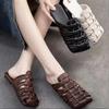 Fashion Retro Closed Toe Slippers For Women Weave Slides Slip On Hollow Out Genuine Leather Flats Square Toe Soft Soles Slippers