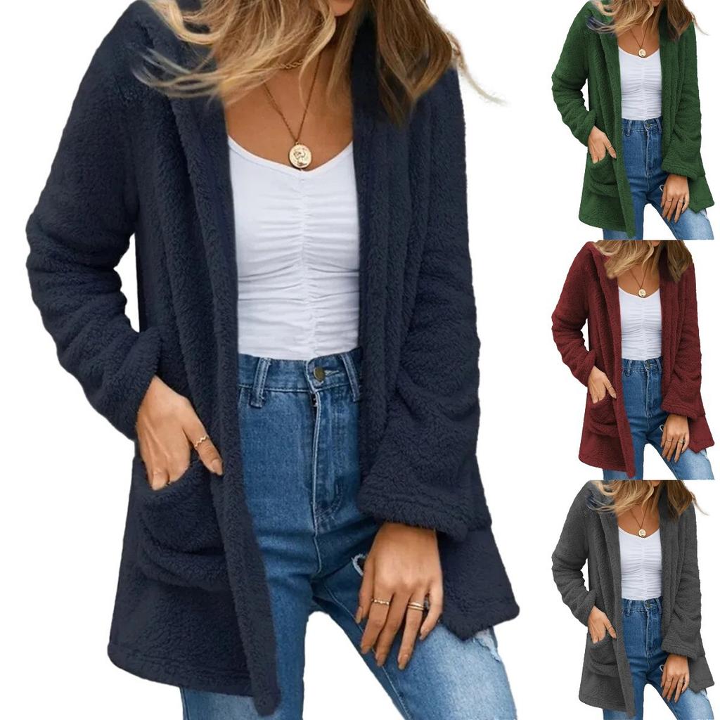 Women's Autumn and Winter Coat Large Size Cardigan Coat Solid Color Fleece Pocket Cardigan Belt Coat for Women