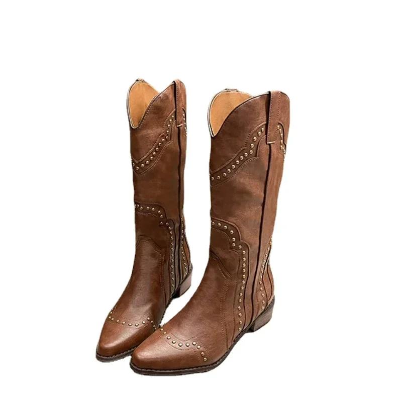 Retro Rivet Mid Calf Cowboy Boots for Women  Autumn  Chunky Heels Western Boots Woman Slip On Pointed Toe Cowgirl Boras