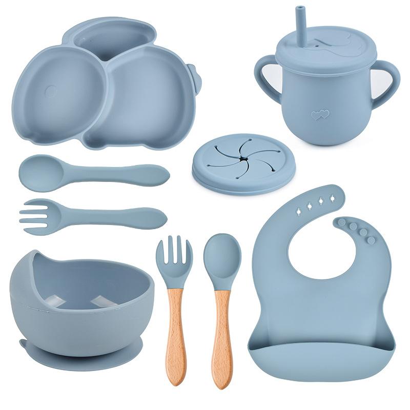 9PCS Rabbit Baby Silicone Tableware Kids Non-slip Sucker Bowl Plate Cup Spoon Fork Sets BPA Free Children's Feeding Dishes Utensils