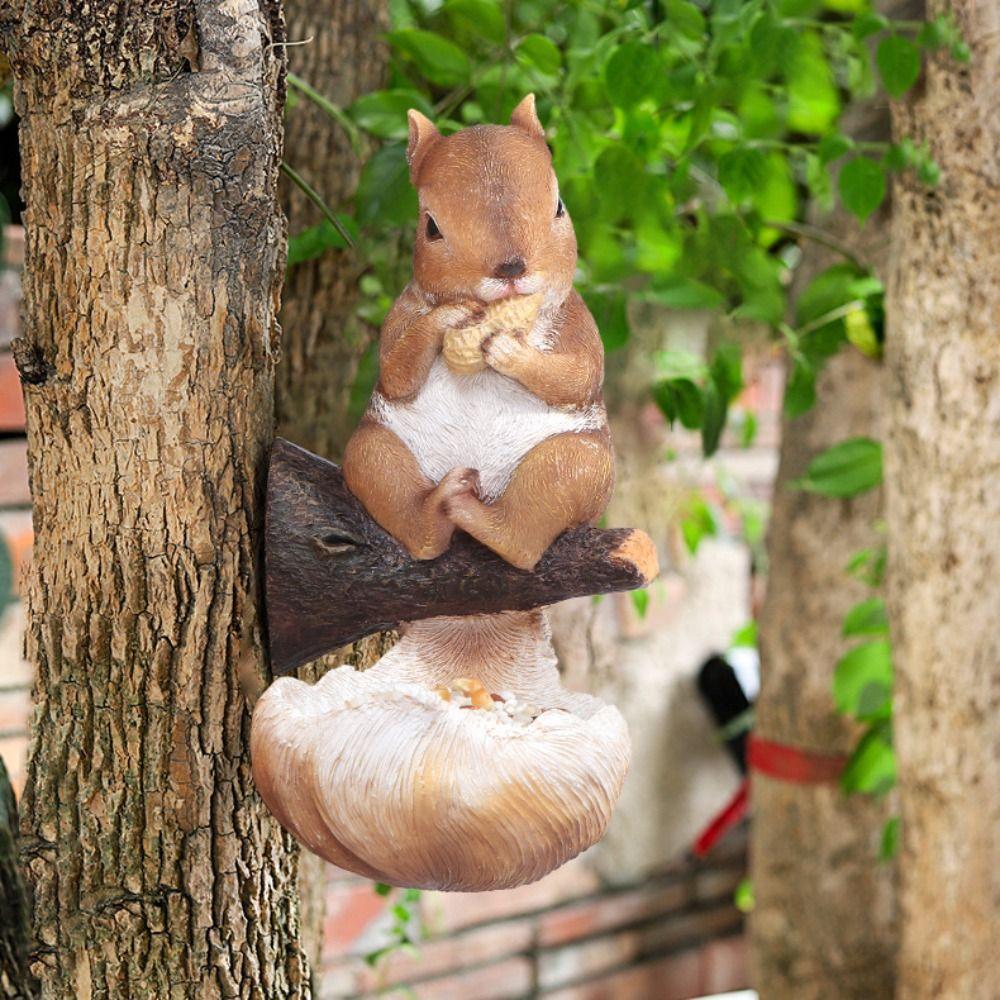 Resin Bird Feeder Cute Art Statue Multi Functional Squirrel Tree Hanging Micro Landscape