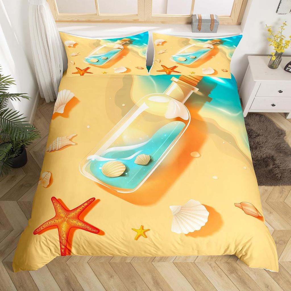 Beach Starfish Duvet Cover Twin Cute Ocean Creatures Bedding Set Tropical Beach Sea Shells Print Comforter Cover with Pillowcase