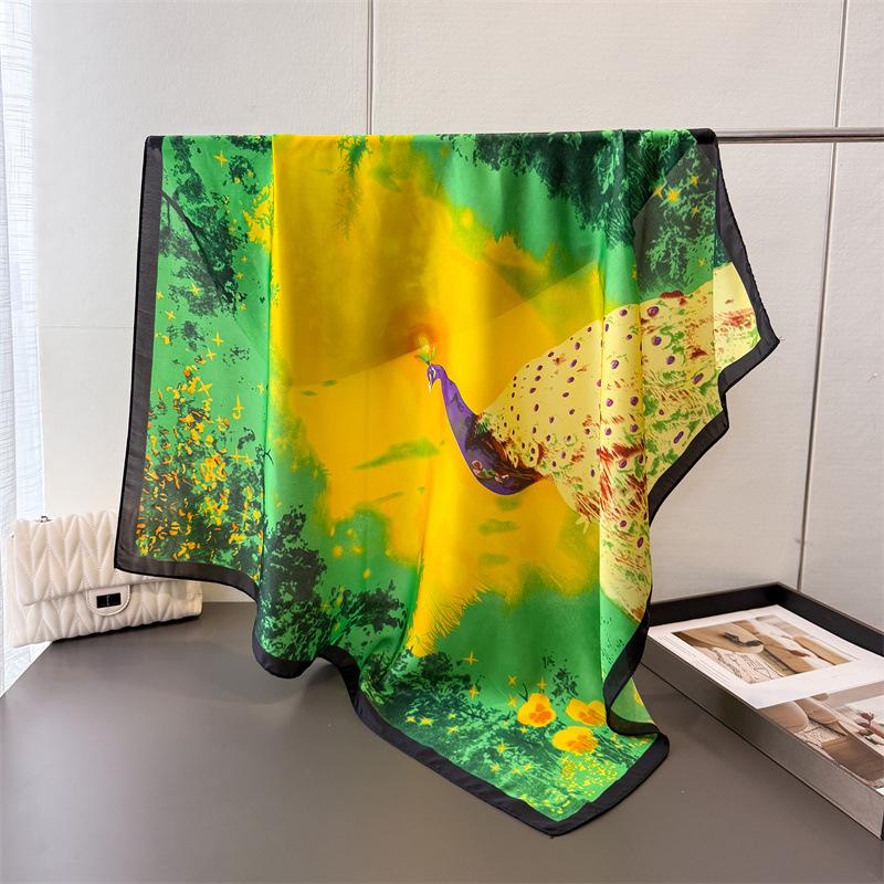 Peacock Beautiful Satin Imitation Silk Printing Large Square Scarf Silk Scarf Shawl Headscarf Neck Protection Scarf