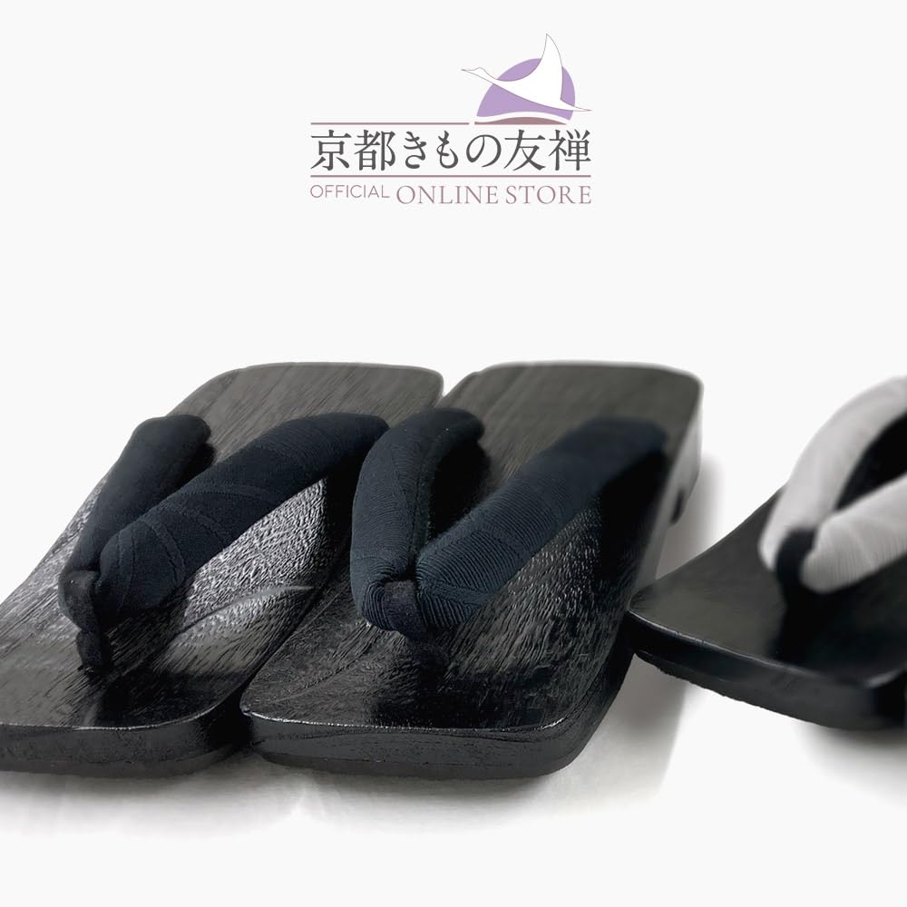 Kyoto Kimono Yuzen Geta for Sizes Paulownia Wood Geta with Comfortable Rubber Blackened (Geta) Men, 25.5-27, Black, Gentlemen's, Sole, (Black)
