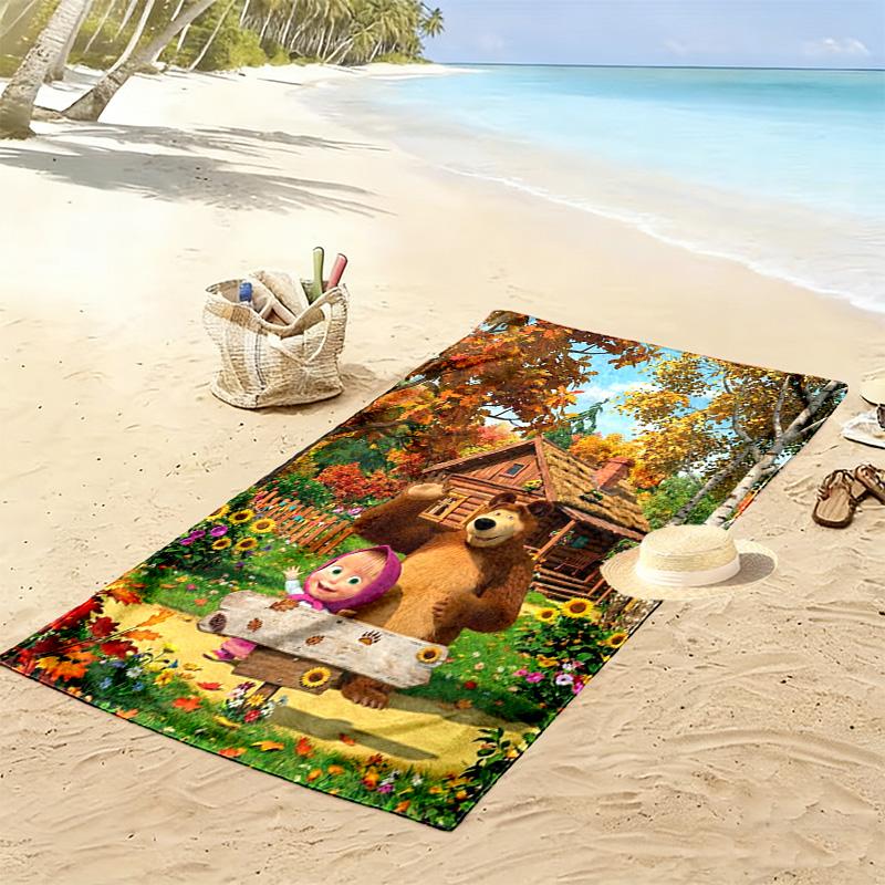 Cartoon Masha&Bear Print Beach Towel, Large Soft Quick Dry Towel for Beach Camping Swimming