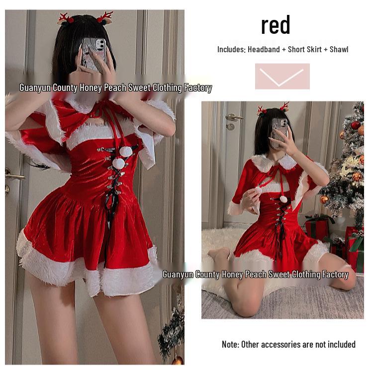 Christmas Reindeer Cosplay Red Slip Dress with Cute Uniform for New Year Performance