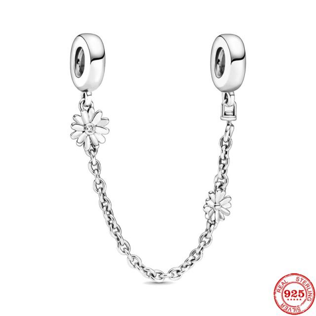 925 Sterling Silver Sparkling Clear Sparkle Flower Safety Chain Charm Bead Fit Original Bracelet Pendant DIY Jewelry