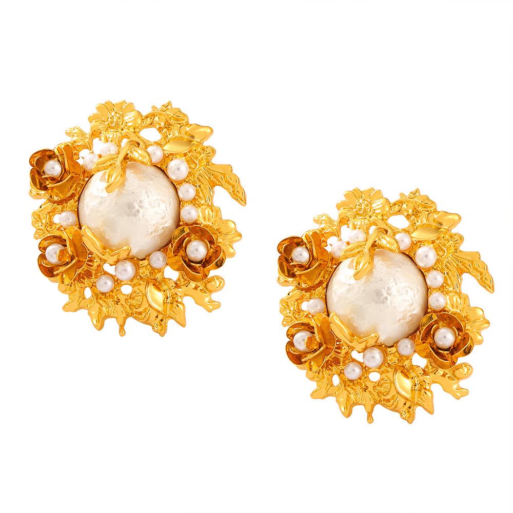 Design Sense Baroque Pearl Court Retro Exaggerated Medieval Earrings Antique Floral Brocade Stacked Flower Earrings