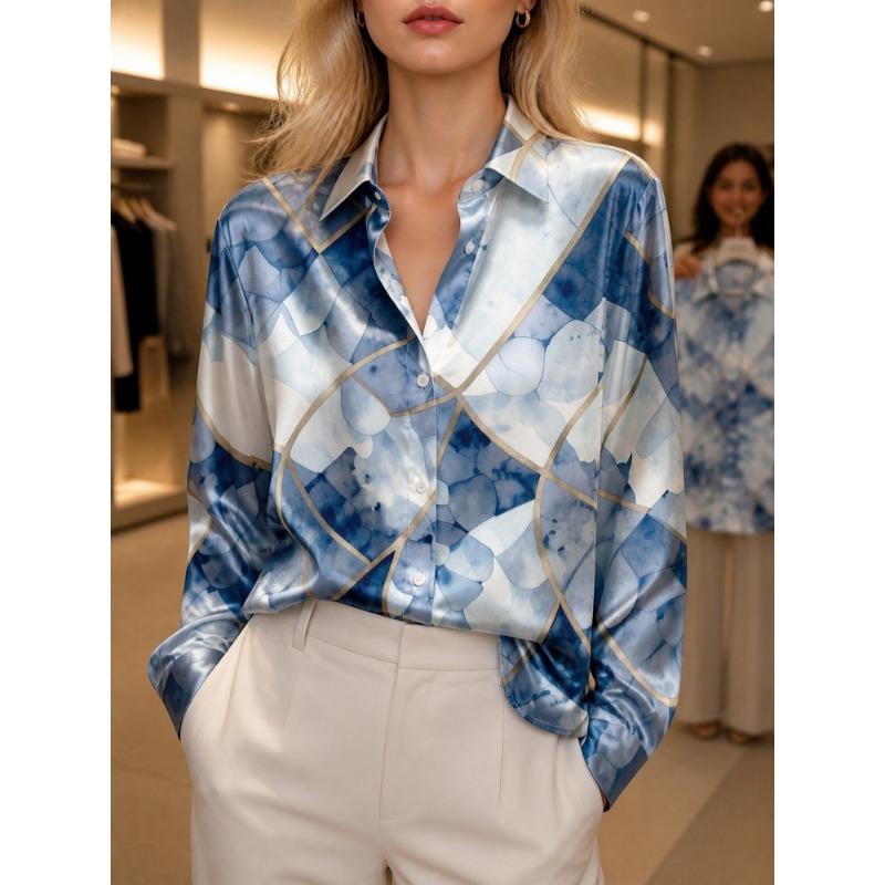 Blue Marble Geometric Satin Blouse for Women Long Sleeve Button Down Shirt Modern