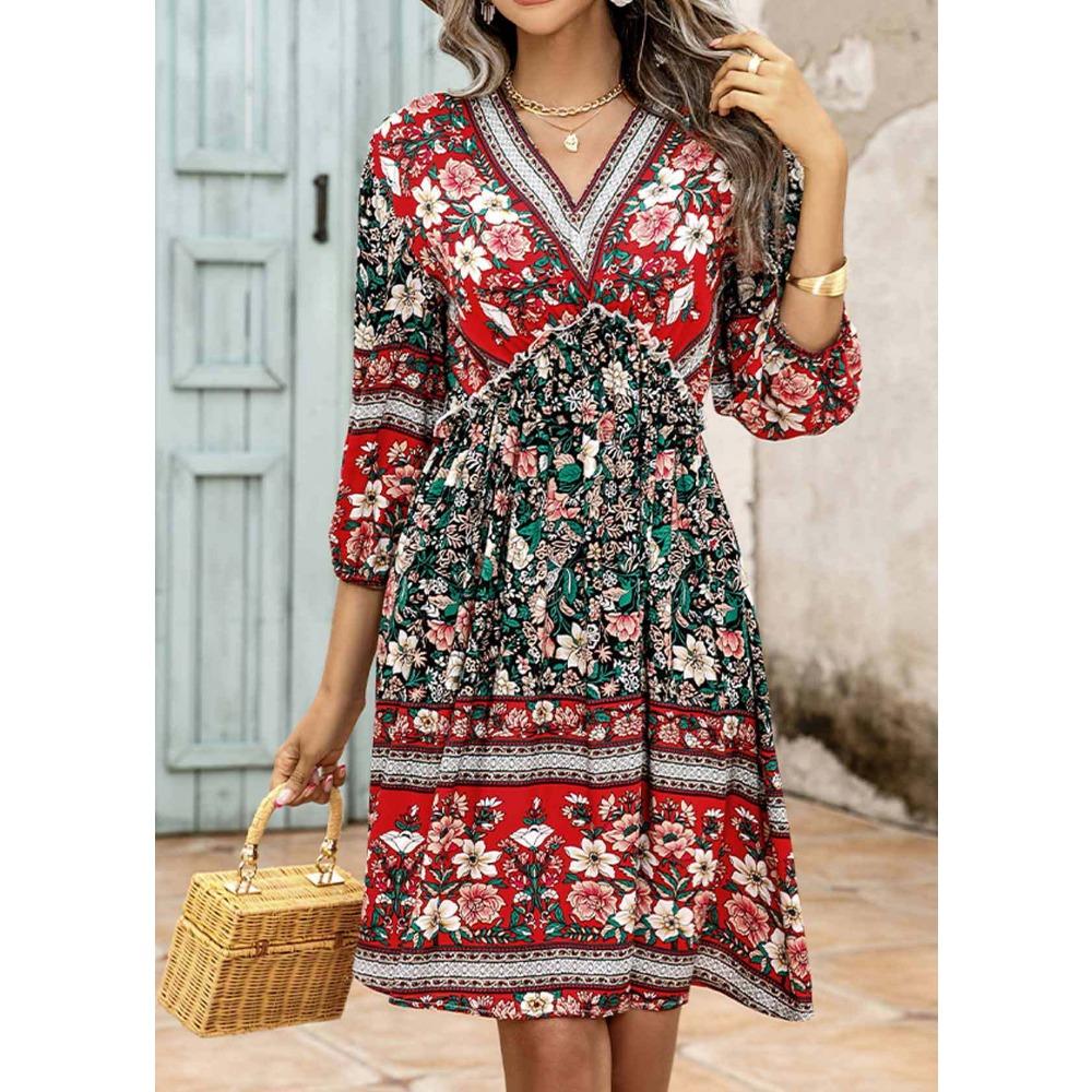 BITCED Женская мода лето весна цветочный принт короткий рукав V-образный вырез повседневные платья