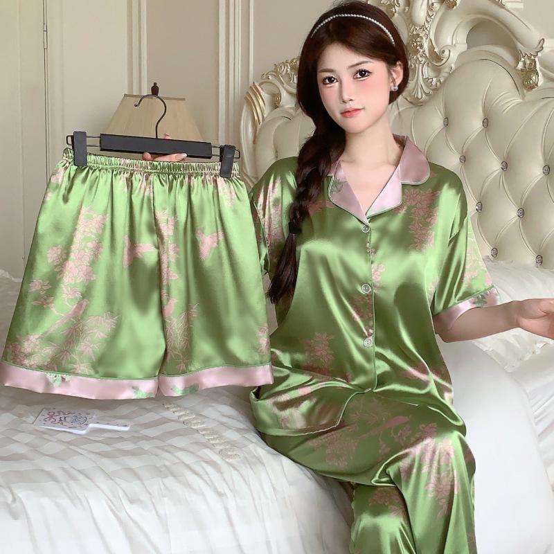 Women's Ice Silk Cherry Print Pajama Set - Elegant Summer Three-Piece Lounge Wear