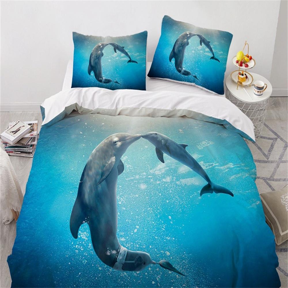 Модные комплекты постельного белья 3D Sea Dolphin Blue, комплект пододеяльников, милый пододеяльник, наволочка, роскошный домашний текстиль Queen, полный размер 140x200