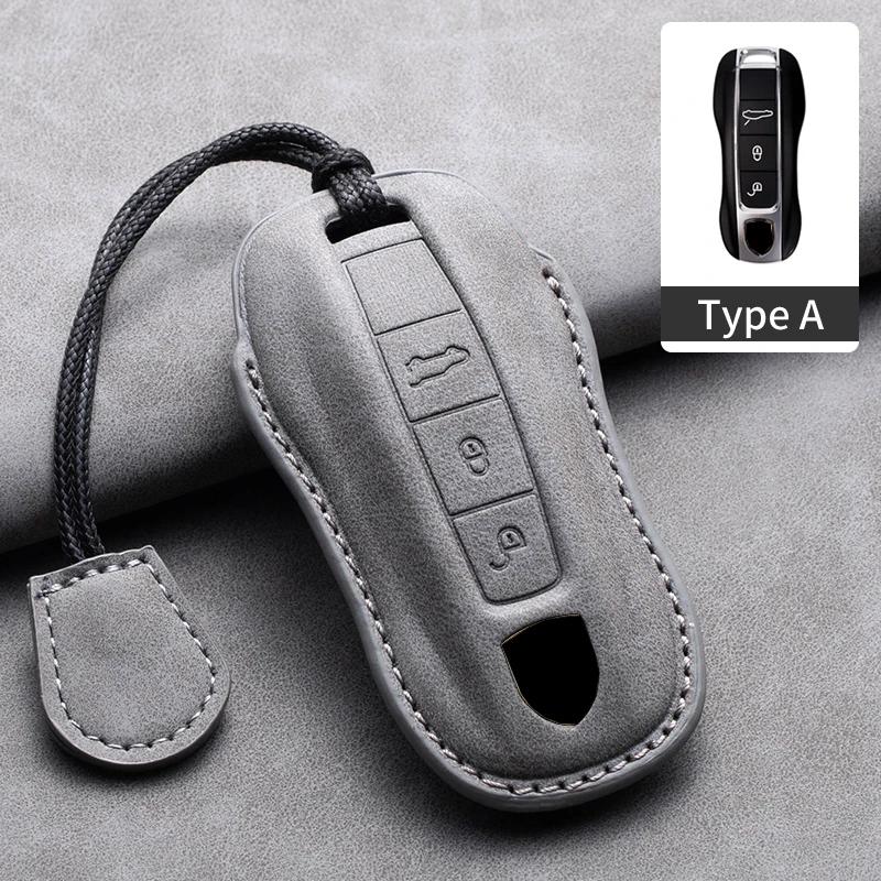 Leather Car Key Case Cover Shell Fob For Porsche Panamera Spyder Carrera Macan Cayman Cayenne 911 970 981 991 Car Keychains