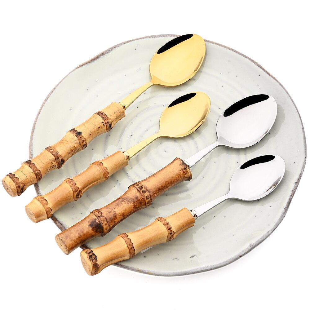 4 шт., набор столовых приборов с бамбуковой ручкой, набор посуды из нержавеющей стали, нож для стейка, вилка, кофейная чайная ложка, столовые приборы, кухонный набор посуды
