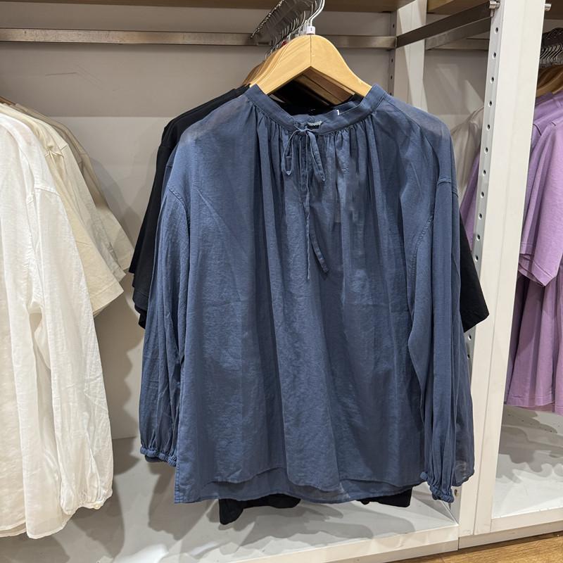 1116 New fashion cotton thin slightly transparent pleated shirt women's summer long-sleeved loose shirt 167111
