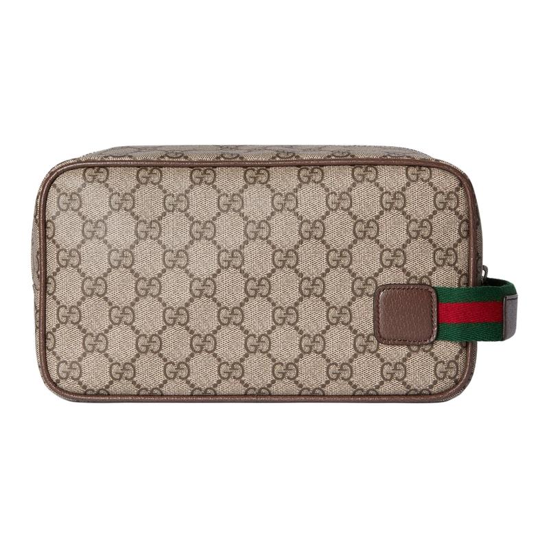Gucci Cruise GG silver metal finish Supreme fabric and leather toiletry bag medium size for women beige and dark brown