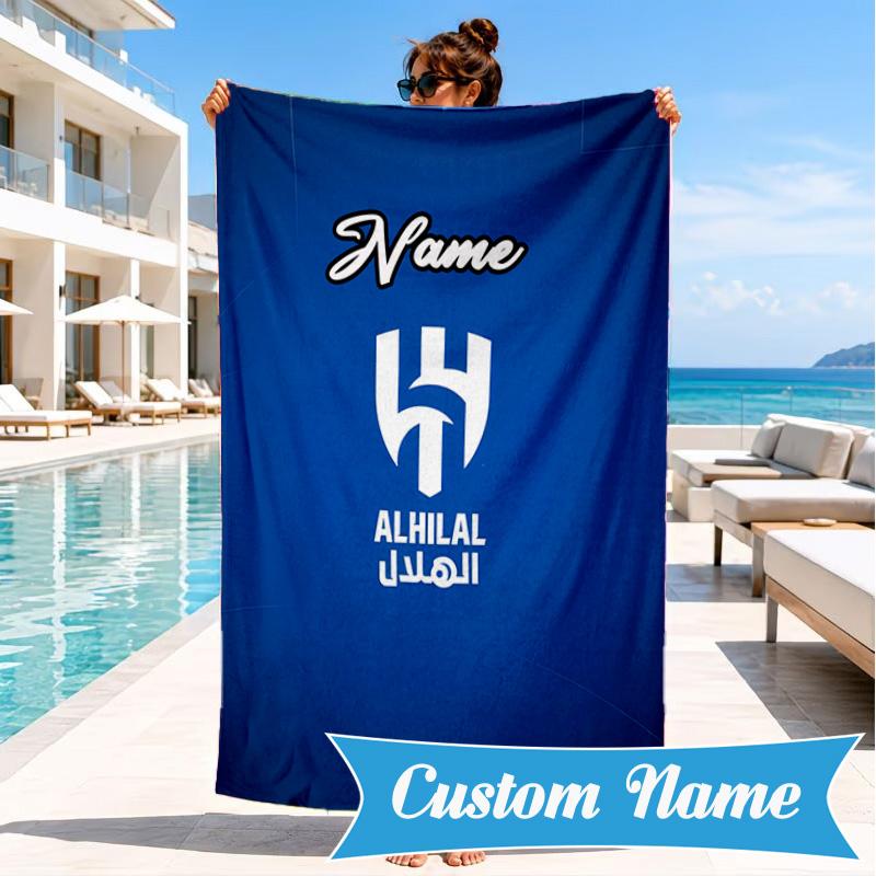 Custom Name Blue Hilal Crest Design Beach Towel Microfiber Beach Towel, Lightweight and Quick-Dry, for Summer Travel, Swimming Pool Gift