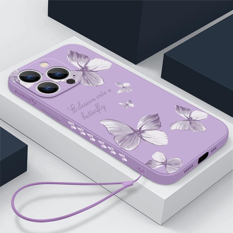Мягкий чехол с рисунком бабочки для iPhone 16 15 Pro Max 14 13 Xiaomi 13T Poco X7 X6 Redmi Note 14 13 12, противоударный чехол с ручной веревкой