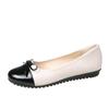 Round Toe Bow-detail Leather Ballet Flat Loafers Shoes with Black Toe Cap