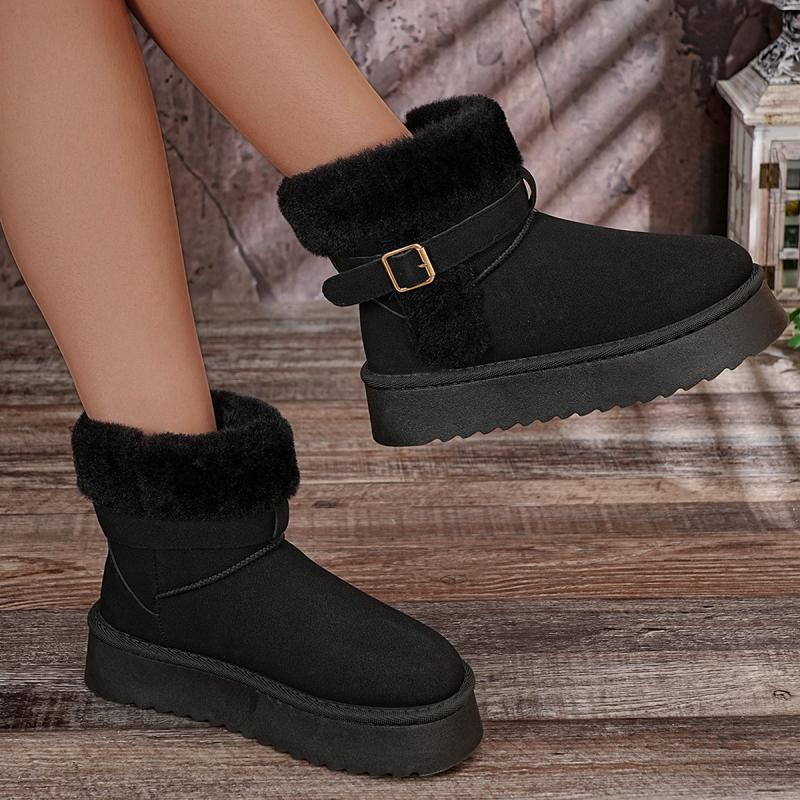 Soft Non Slip Thick Bottom Furry Snow Boots Women 2025 Winter Warm Fluffy Fur Ankle Boots with Platform Metal Buckle Plush Shoes