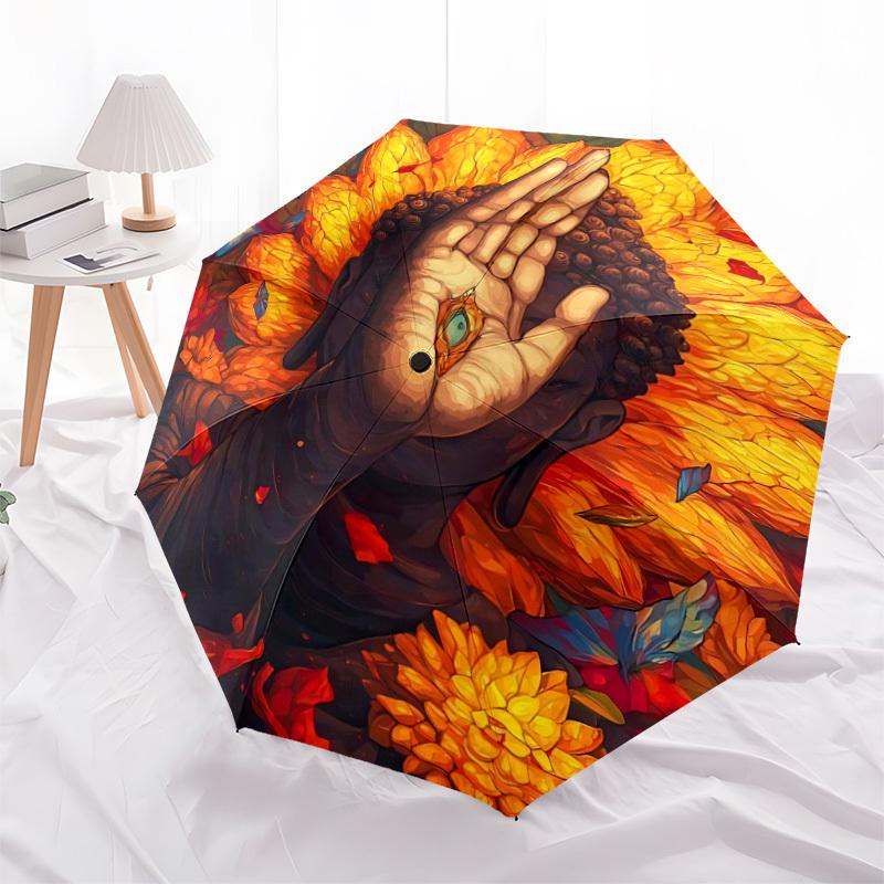 1pc Buddha Flowers Pattern Automatic Folding Umbrella - Compact 8-Rib Design, Durable Plastic & Iron, Lightweight for Outdoor Daily Use081