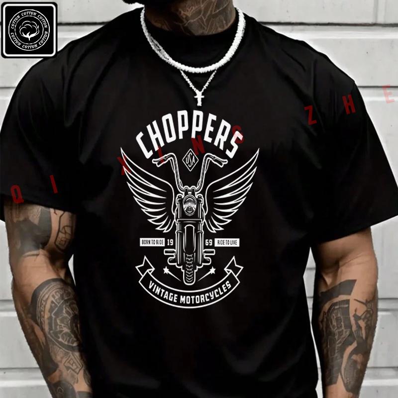 Vintage Chopper Motorcycle Emblem Moto T Shirt Men's Cotton Casual Short Sleeved Round Neck T-s