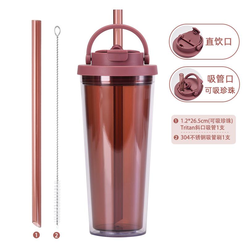 Двухслойный цветной пластиковый стакан с соломинкой, стакан для Bubble Tea с большим отверстием для питья, одна крышка, двойной напиток, портативная ручка, стакан для воды