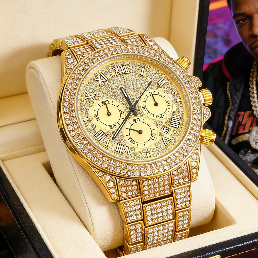 Luxury Mens Watches Full Diamond Iced Out Calendar Quartz Watches Fashion Week Display Waterproof Clock