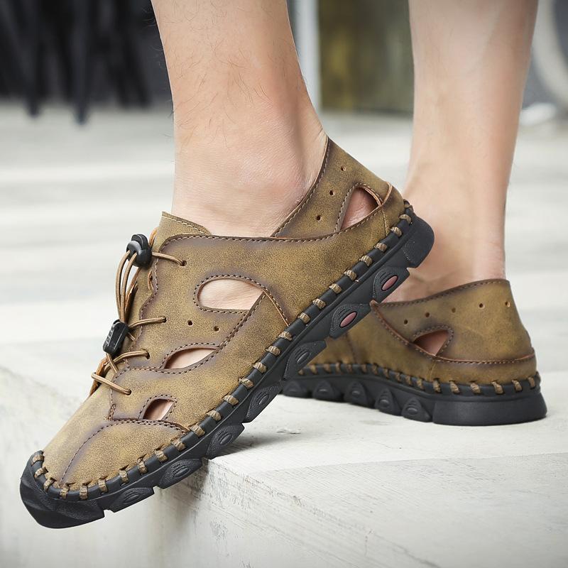 Большие размеры летние мужские сандалии из натуральной кожи с закрытым носком повседневные дышащие пляжные мужские модные туфли двойного назначения с отверстиями