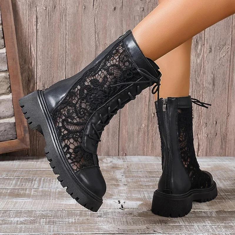 2024 Горячая Распродажа Женская Обувь Женские Ботинки На Шнуровке Спереди Модные Кружева Современные Ботинки Женские Высококачественные Ботинки Плюс Размер До Середины Икры