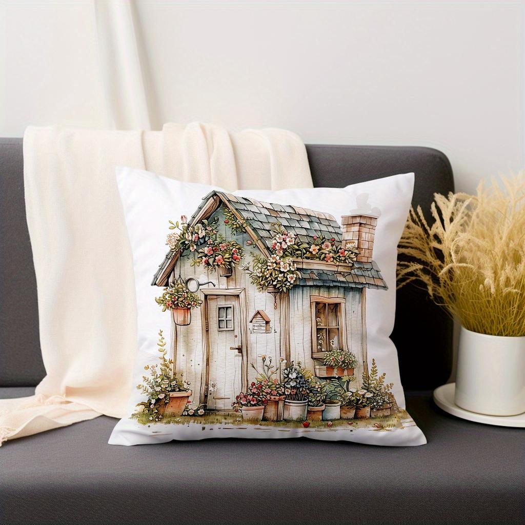 Watercolor Cottage Garden Pillow Cover Rustic Country House Print Floral Farmhouse Cushion Case For Sofa Couch Cozy Home Decor