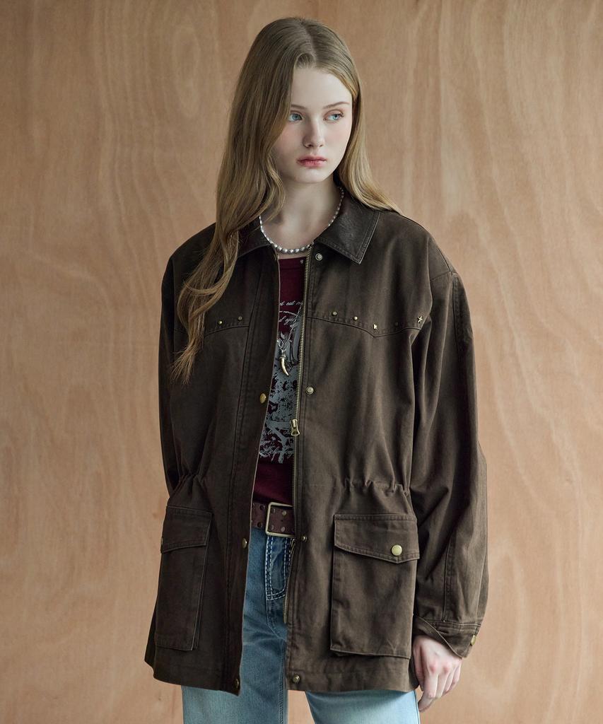 MAXZA Washed Cotton Leather Contrast Studded String Work Jacket