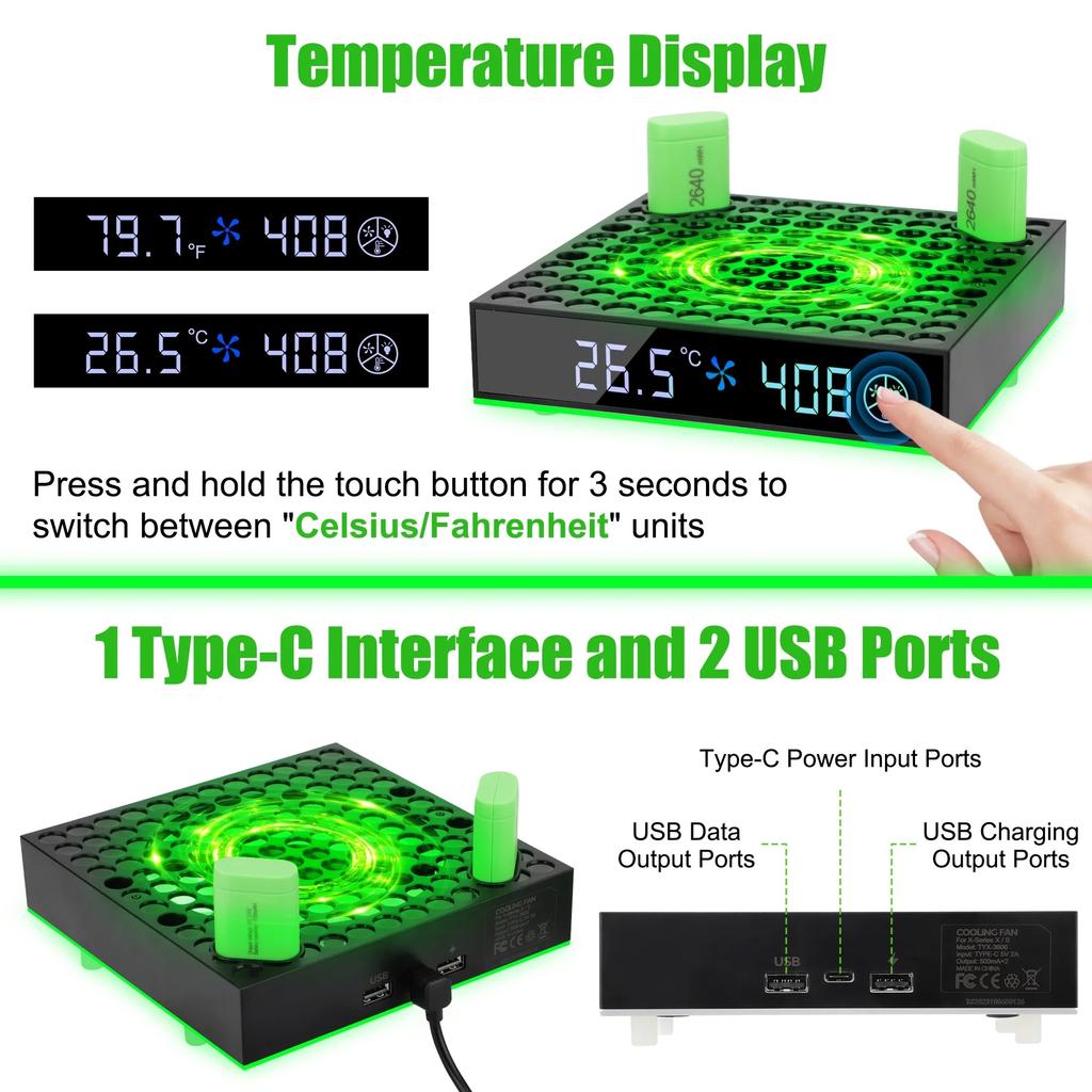 Охлаждающий вентилятор для Xbox Series X/S, зарядная станция с 2 аккумуляторными батареями емкостью 2640 мАч, 3 скорости вращения вентилятора, дисплей температуры, RGB-подсветка