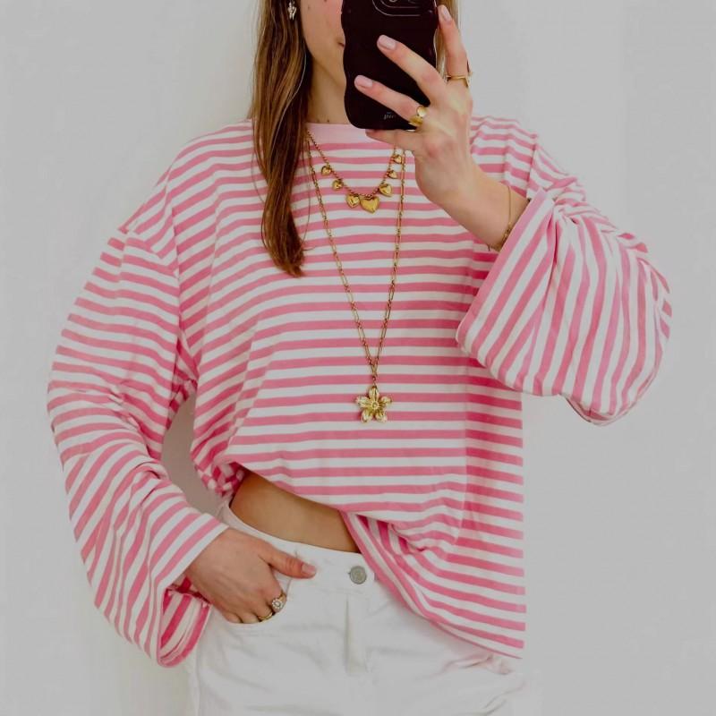 Womens Striped Color Block Crew Neck Long Sleeve T-Shirt Y2K Loose Casual Streetwear
