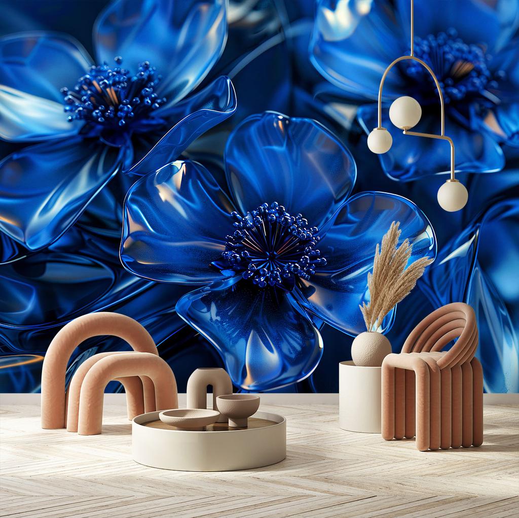 Wallpaper Blue glass flowers macro 3D