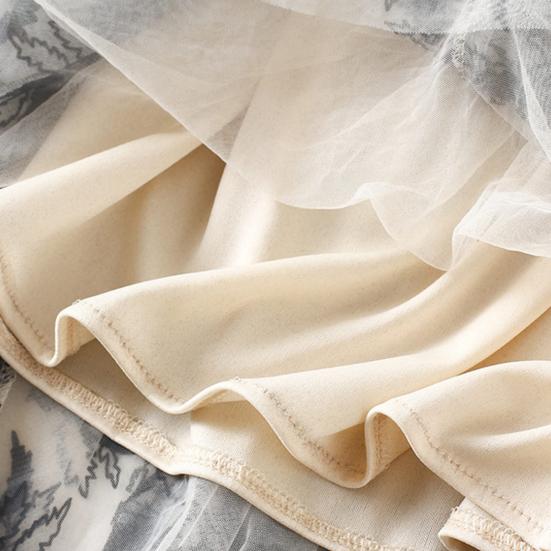 Women A-Line Skirt 3D Embroidered Leaf Print Double-Layered Mesh Tulle High Waist Midi Skirt