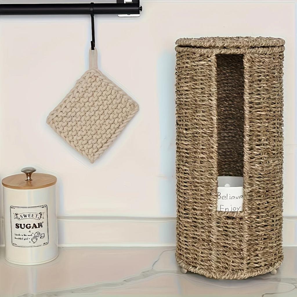 Rustic Woven Iron Toilet Paper Holder - Freestanding 3-Roll Tissue Storage Organizer Natural Wicker Functional Bathroom Decor