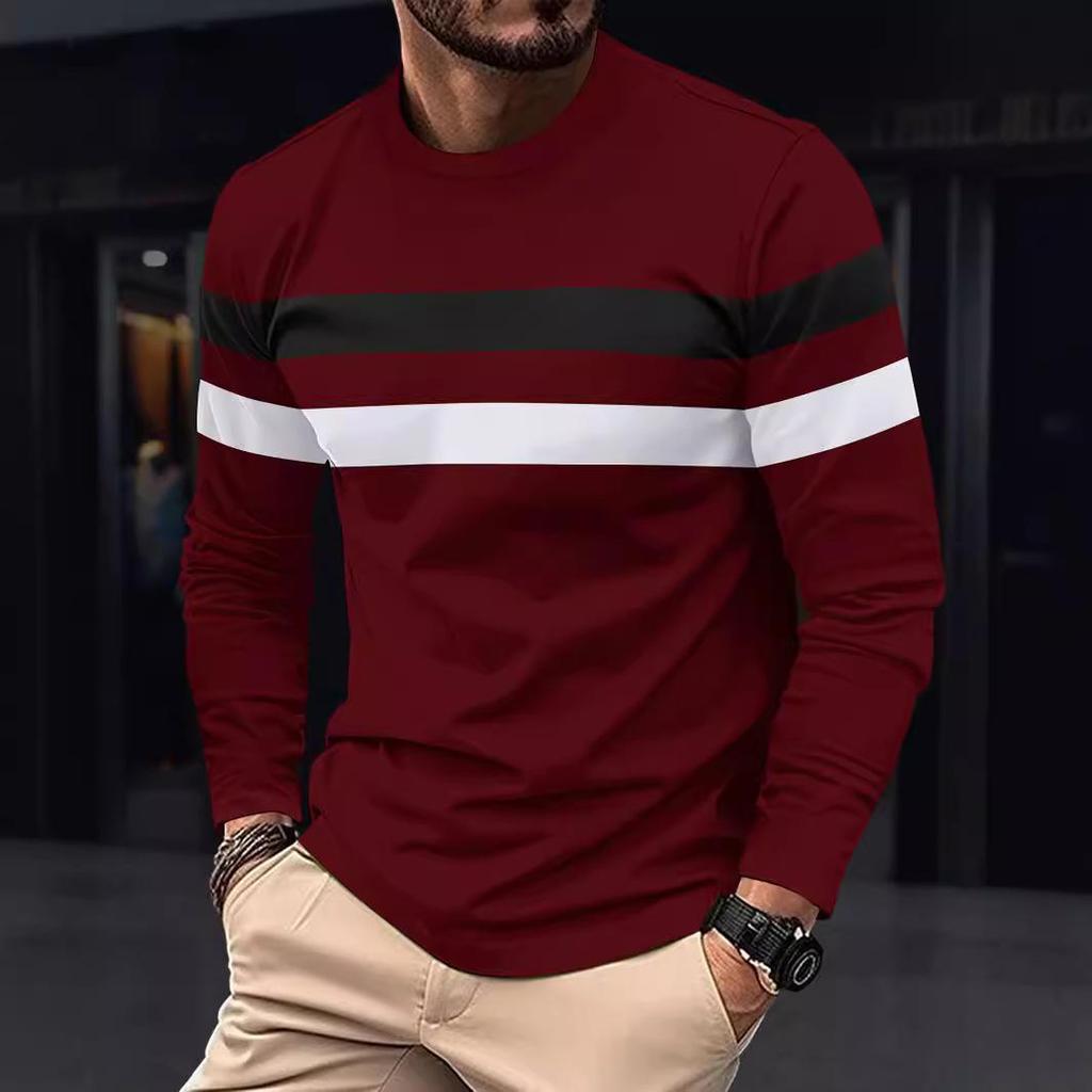 Plus Size Men's Color Block Crew Neck Long Sleeve Base Layer Pullover for Autumn & Winter