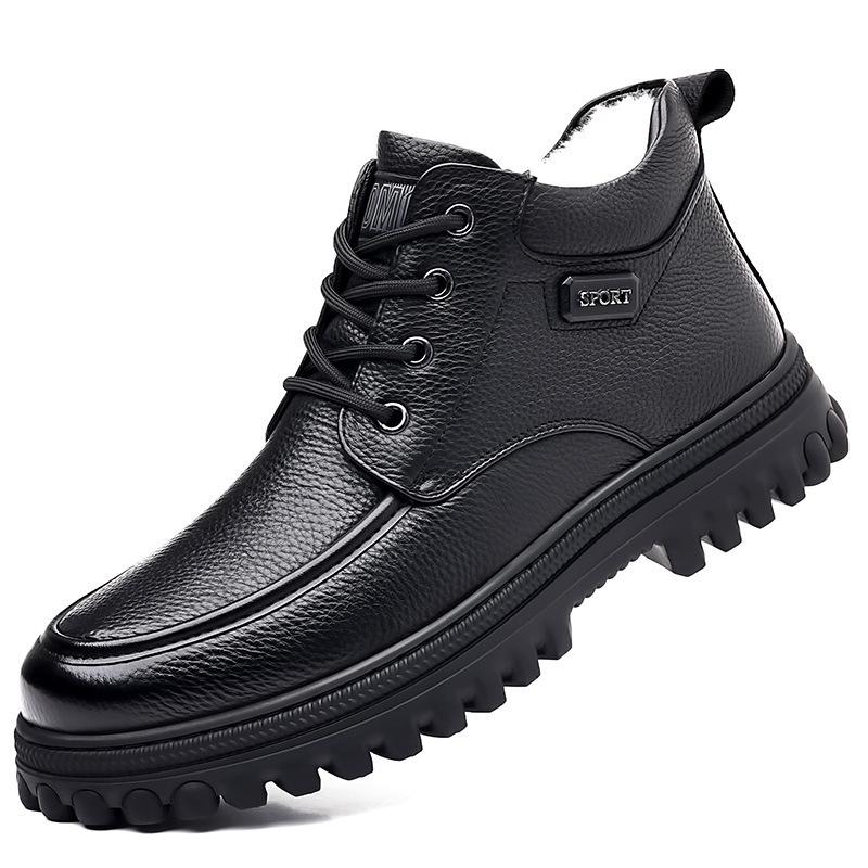 Мужские высокие кожаные ботинки в британском ретро-стиле — теплые, на толстой подошве, с бархатом, повседневная и рабочая обувь для осени и зимы