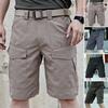 Men Summer Cargo Shorts Elastic Waist Button Zipper Fly Pockets Casual Shorts Straight Wide Leg Wear-resistant Short Pants
