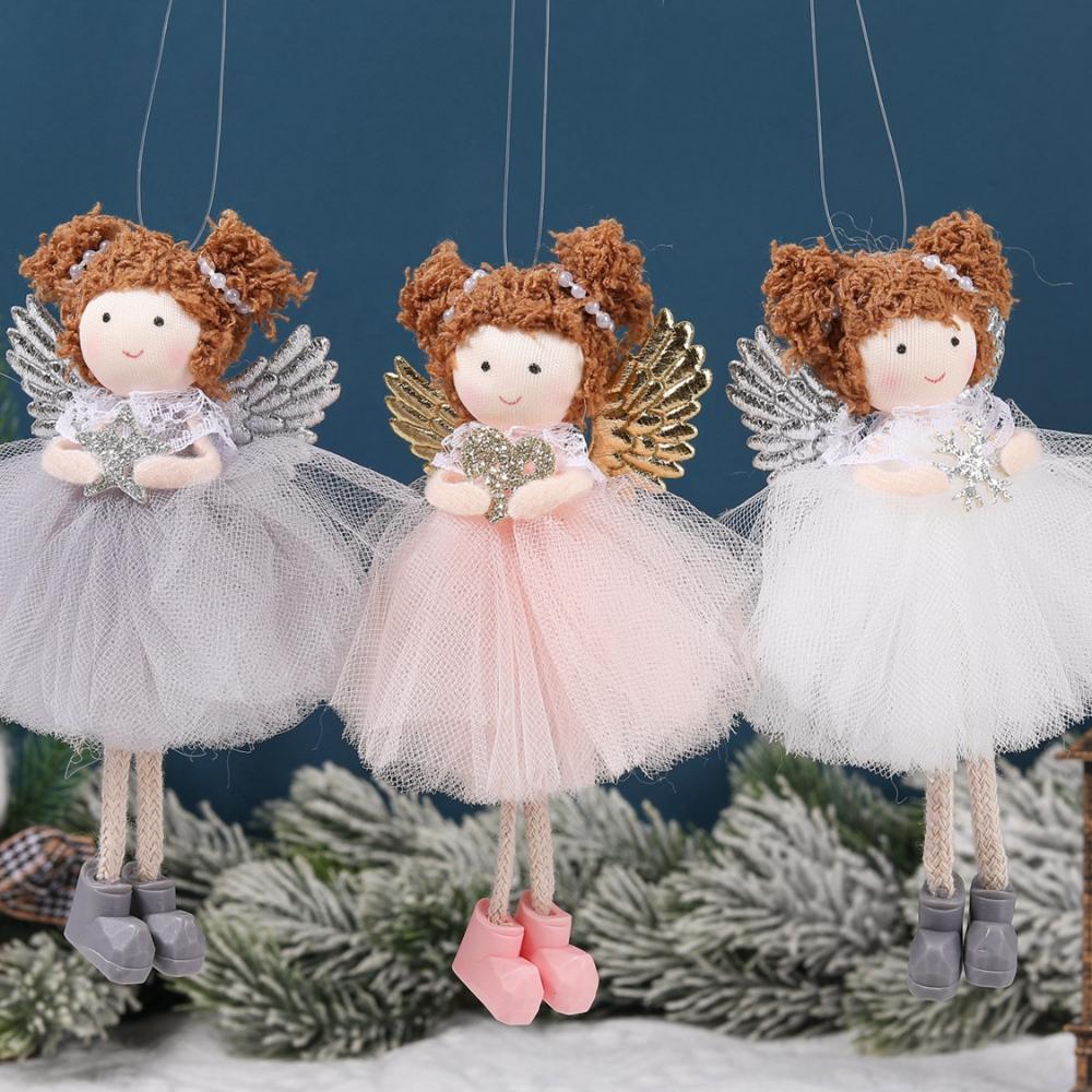 Plush Angel Wings Christmas Ornament White Pink Doll Hanging Decor for Xmas Tree Valentine Wedding Gift