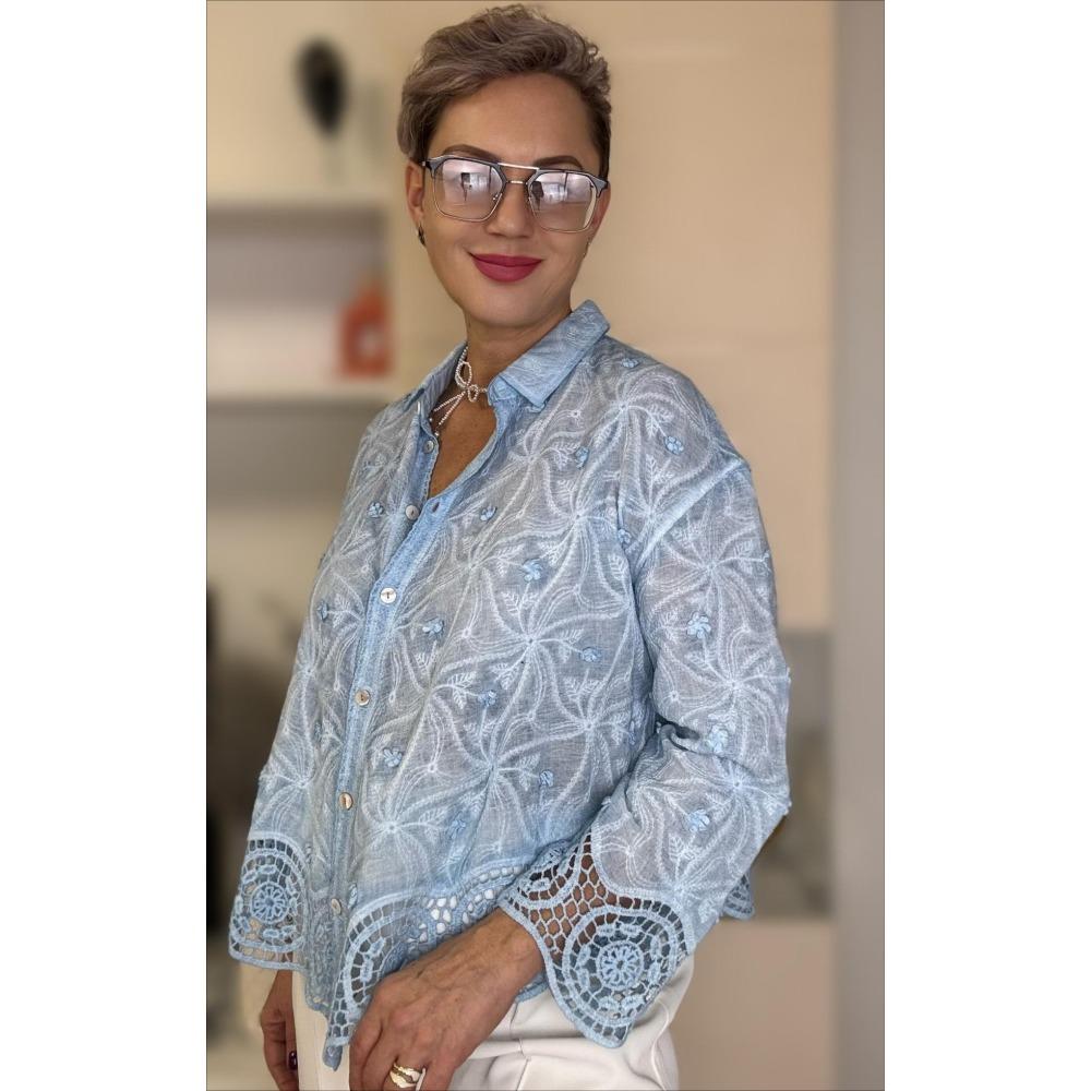 Dimanaf 2025 Весна Лето Рубашка Женская Кружевная Блузка Короткий Рукав Модные Топы Футболки Свободные Синие Футболки Новые