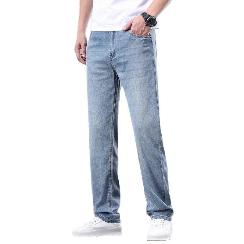 Летние тонкие мужские джинсы из ткани лиоцелл, мягкие, дышащие, прямые джинсовые брюки, брендовые мужские эластичные брюки из ледяного шелка, повседневные брюки, серые, синие